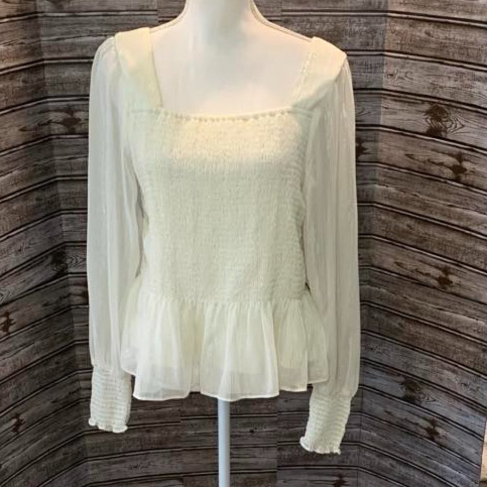 NINE WEST-IVORY/SILVER STRIPE-SQUARE NECK-CHIFFON-LINED BLOUSE - Picture 3 of 5